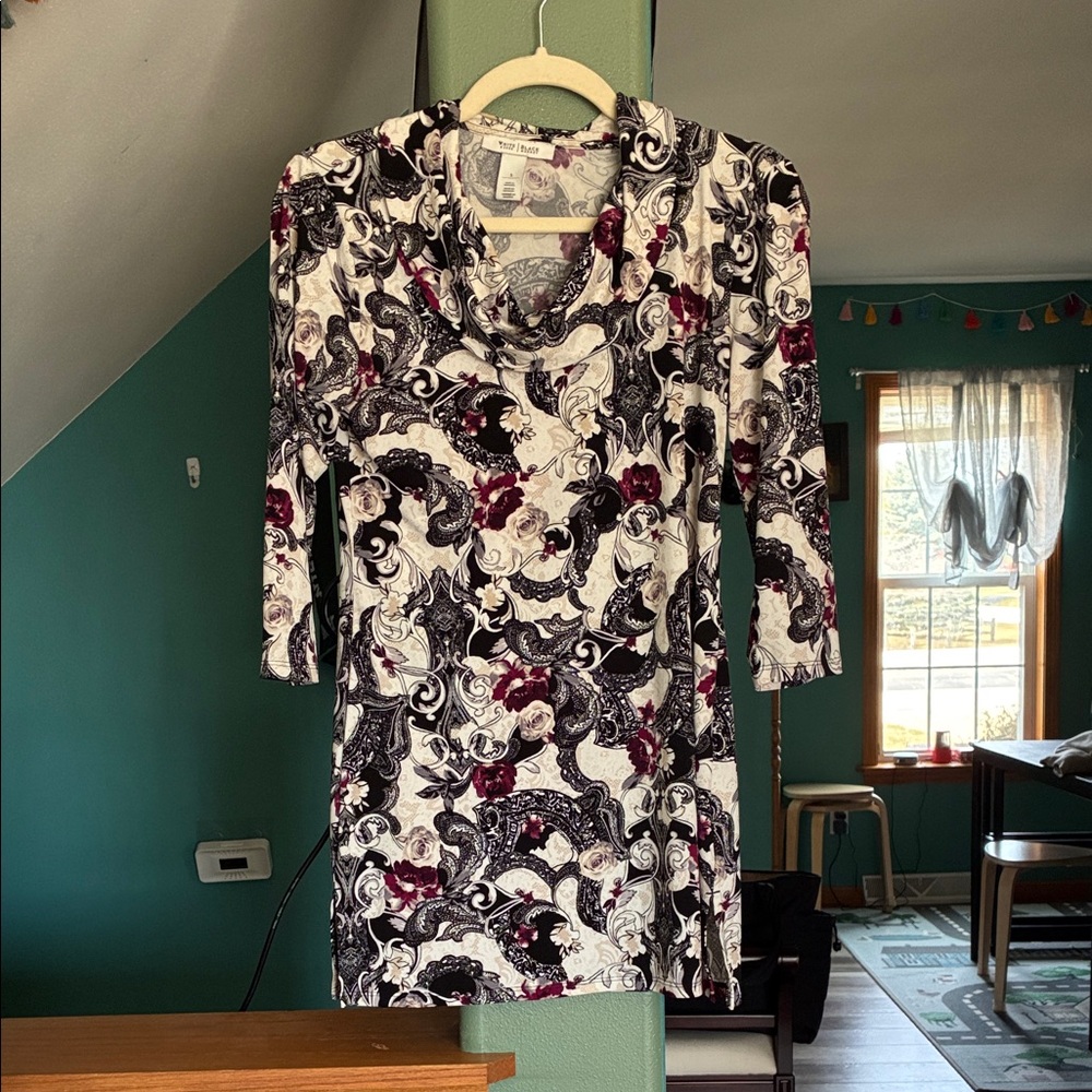 WHBM Cowl Neck Floral & Paisley Print Tunic — Black, White & Burgundy